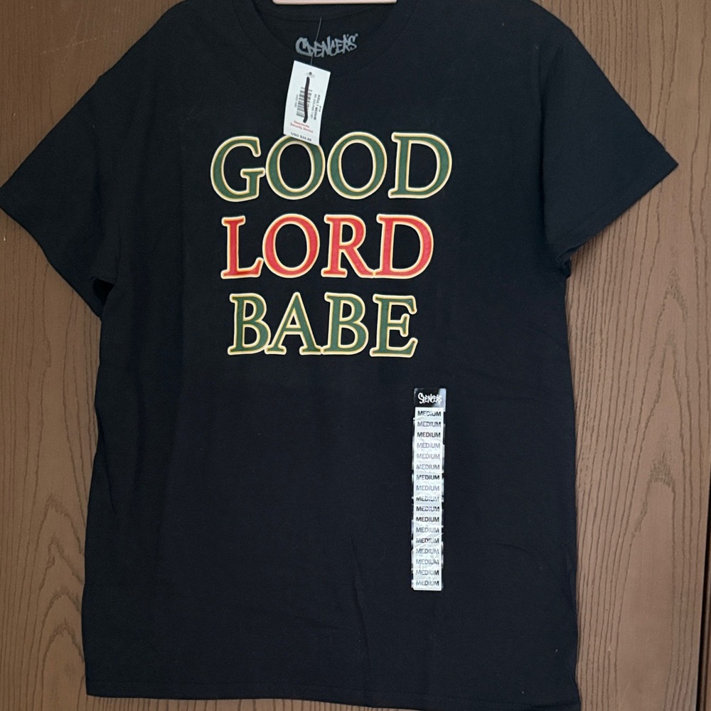 Black Graphic T-Shirt with Colorful Text Good Lord Babe